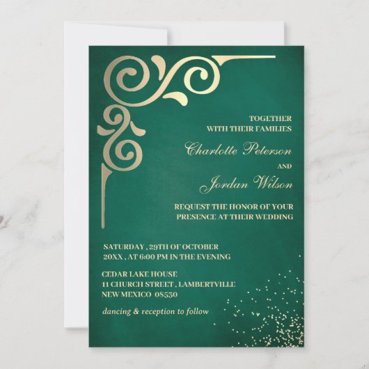 Luxe Smaragdgroene En Gouden Bruiloft Kaart (Voorkant)