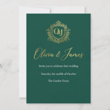 Luxe smaragdgroene en gouden monogram trouwuitnodi