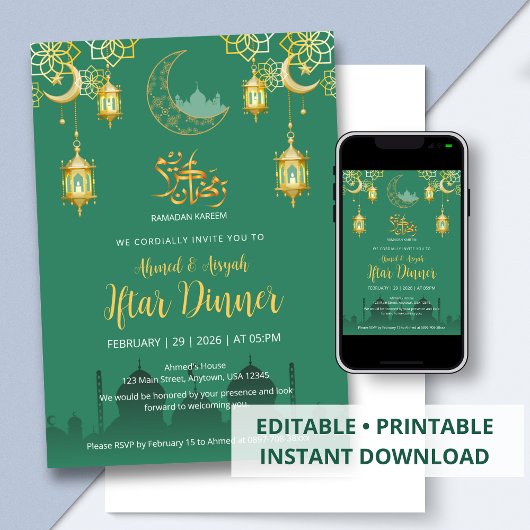 Luxe smaragdgroene en gouden moskee Iftar-diner Kaart