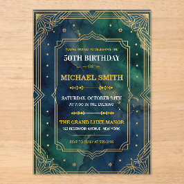 Luxe smaragdgroene gouden Art Deco 50ste verjaarda Acryl Uitnodigingen
