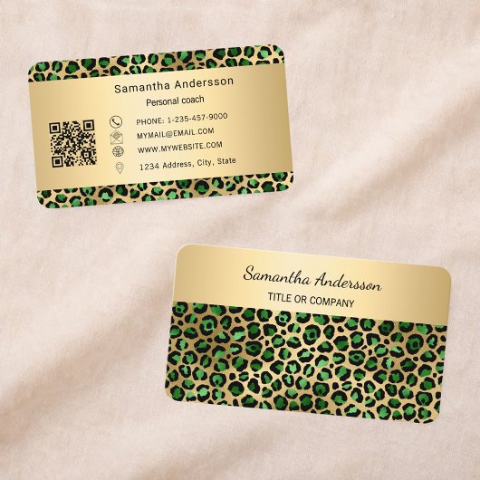 Luxe Smaragdgroene Gouden Luipaardprint QR-code Visitekaartje