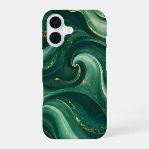 Luxe Smeraldgroen en Gouden Vloeibare Marmer iPhone 16 Hoesje