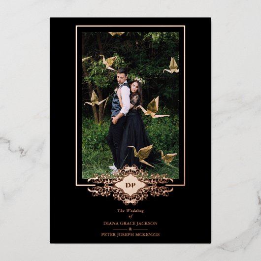 Luxe Sofiele Black Flourish Chic Roos Gold Folie Uitnodiging (Voorkant)