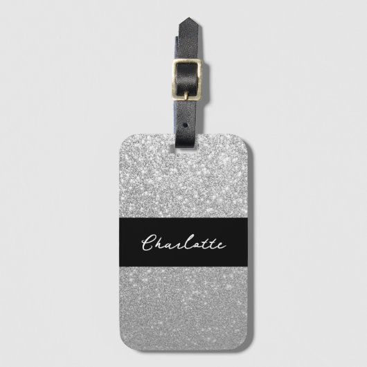 Luxe Sparkle Silver Glitter Naam Bagagelabel (Voorkant (verticaal))
