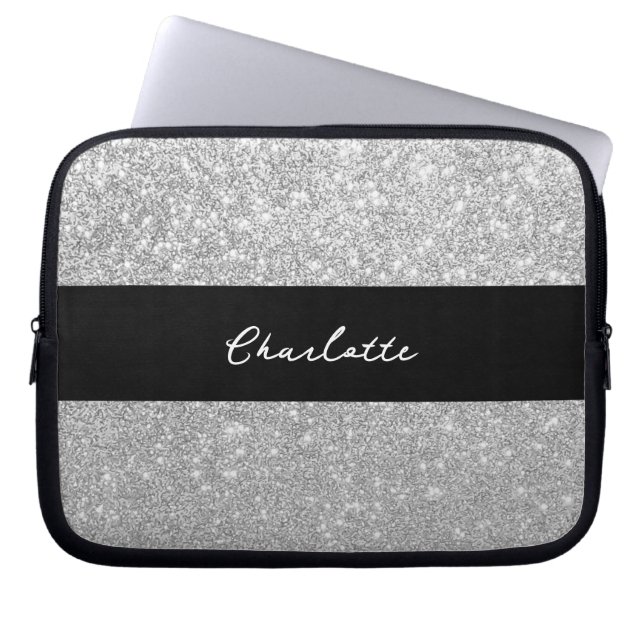Luxe Sparkle Silver Glitter Naam Laptop Sleeve (Voorkant)