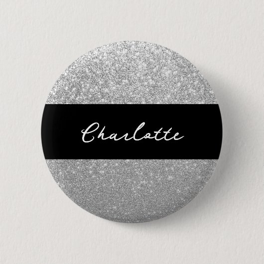 Luxe Sparkle Silver Glitter Naam Ronde Button 5,7 Cm (Voorkant)