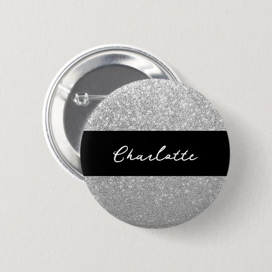 Luxe Sparkle Silver Glitter Naam Ronde Button 5,7 Cm (Voorkant /achterkant)