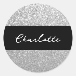 Luxe Sparkle Silver Glitter Naam Ronde Sticker