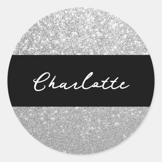 Luxe Sparkle Silver Glitter Naam Ronde Sticker (Voorkant)