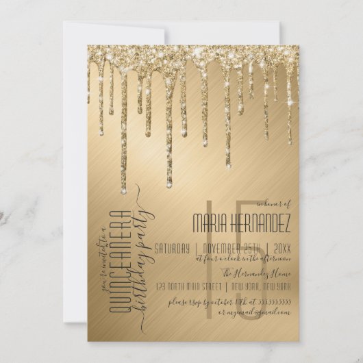 Luxe Sparkly Gold Glitter Drips Quinceañera Kaart (Voorkant)