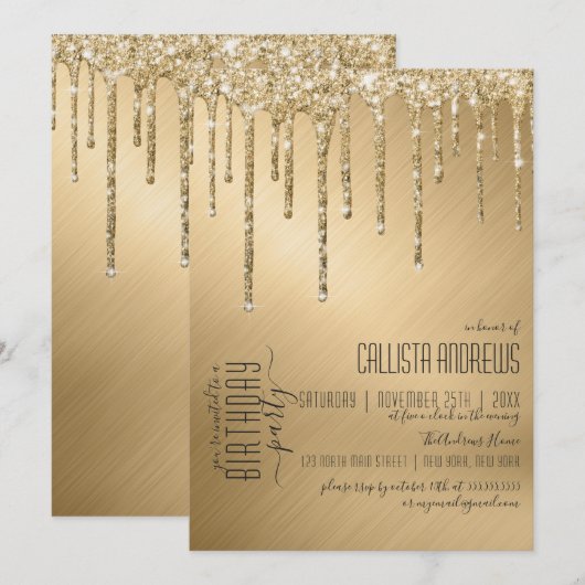Luxe Sparkly Gold Glitter Drips Verjaardagsfeest Kaart (Voorkant / Achterkant)