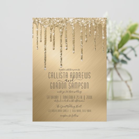Luxe Sparkly Gold Glitter Drips Wedding Kaart (Staand voorkant)