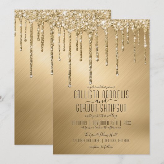 Luxe Sparkly Gold Glitter Drips Wedding Kaart (Voorkant / Achterkant)