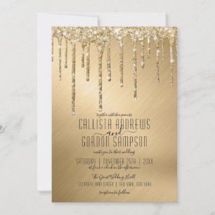 Luxe Sparkly Gold Glitter Drips Wedding Kaart