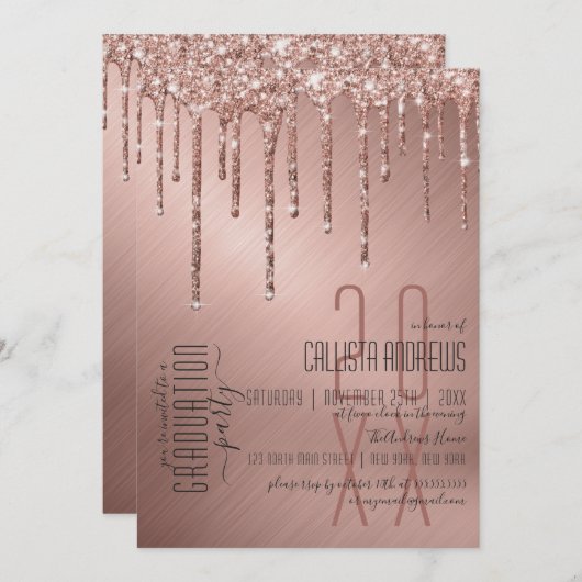 Luxe Sparkly Roos Gold Glitter Drips Afstuderen Kaart (Voorkant / Achterkant)