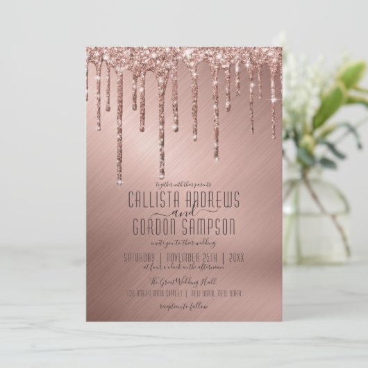 Luxe Sparkly Roos Gold Glitter Drips Wedding Kaart (Staand voorkant)