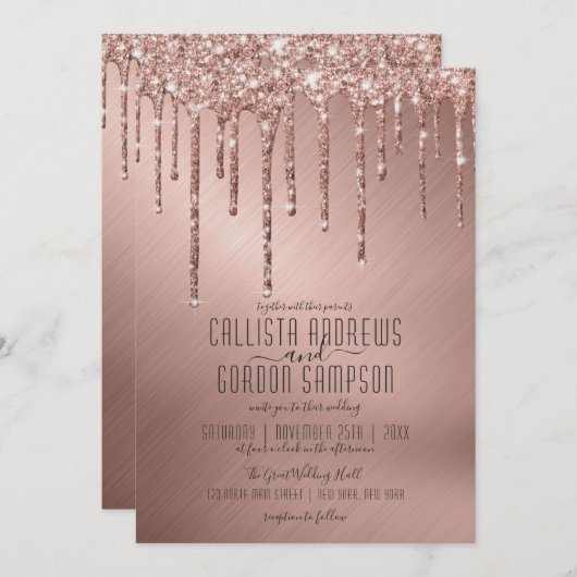 Luxe Sparkly Roos Gold Glitter Drips Wedding Kaart (Voorkant / Achterkant)