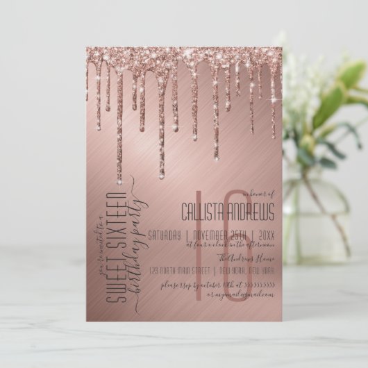 Luxe Sparkly Roos Gouden Glitter Druppelt Zoet 16 Kaart (Staand voorkant)