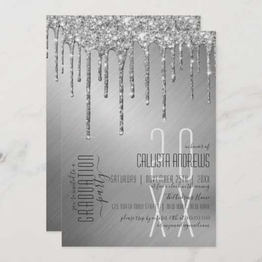 Luxe Sparkly Silver Glitter Drips Afstuderen Kaart (Voorkant / Achterkant)