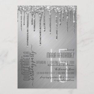 Luxe Sparkly Silver Glitter Drips Quinceañera Kaart