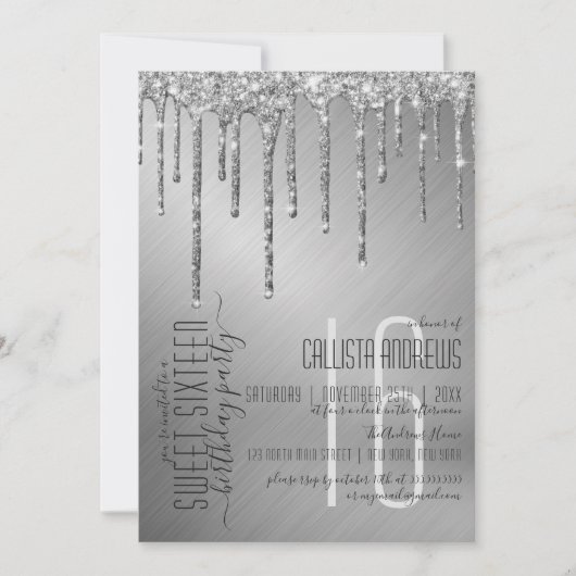Luxe Sparkly Zilveren Glitter Drips Sweet 16 Kaart (Voorkant)