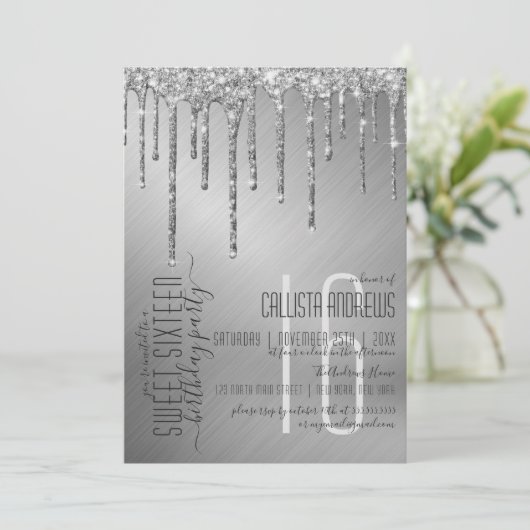 Luxe Sparkly Zilveren Glitter Drips Sweet 16 Kaart (Staand voorkant)