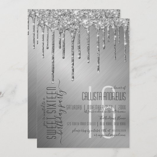 Luxe Sparkly Zilveren Glitter Drips Sweet 16 Kaart (Voorkant / Achterkant)
