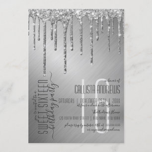 Luxe Sparkly Zilveren Glitter Drips Sweet 16 Kaart