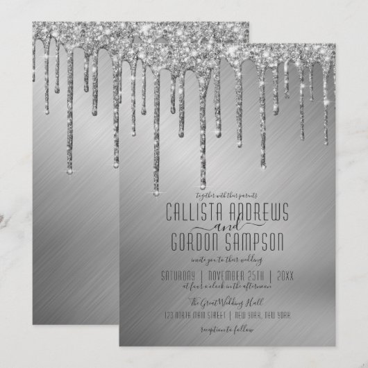 Luxe Sparkly Zilveren Glitter Druppels Huwelijk Kaart (Voorkant / Achterkant)