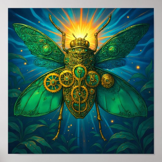 Luxe Steampunk Kunst: Vergulde Smaragd Insect Poster (Voorkant)