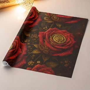 Luxe Steampunk Rozen Romantische Gouden Tandwielen Cadeaupapier