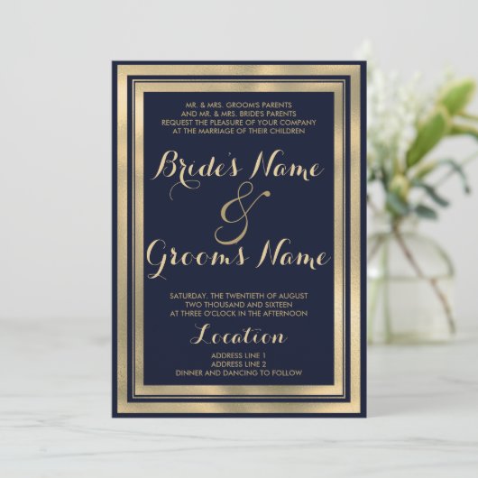 Luxe stijlvol modern marineblauw goud Bruiloft Kaart (Staand voorkant)