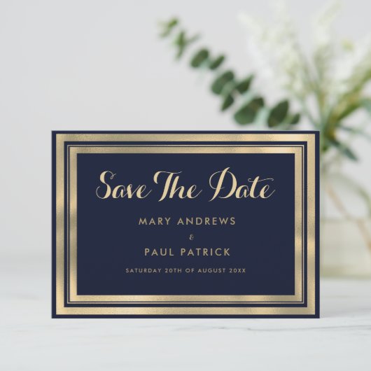 Luxe stijlvol modern marineblauw goud Save The Dat Save The Date (Staand voorkant)