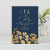 Luxe stijlvolle marine blauw goud wilde bloem brui kaart (Staand voorkant)