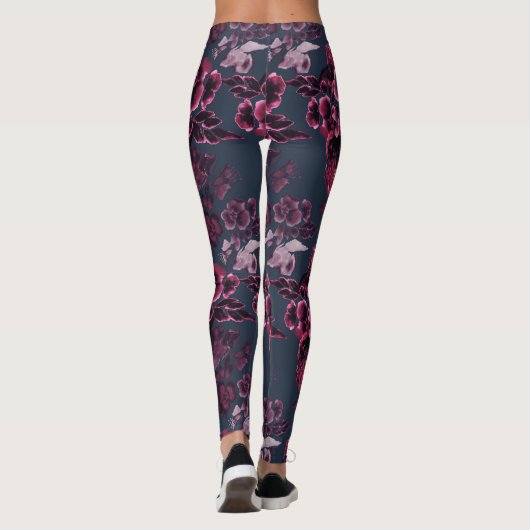 Luxe, stijlvolle marine Blue Burgundy Floral Patte Leggings (Achterkant)