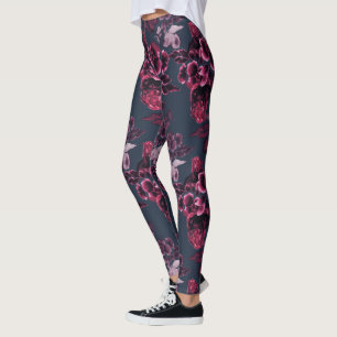 Luxe, stijlvolle marine Blue Burgundy Floral Patte Leggings