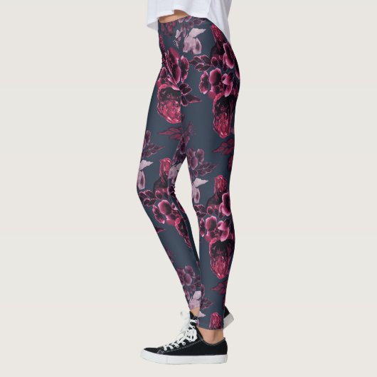 Luxe, stijlvolle marine Blue Burgundy Floral Patte Leggings (Links)
