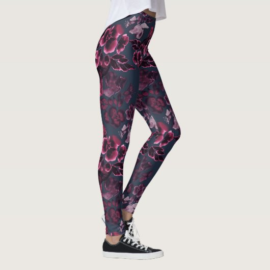 Luxe, stijlvolle marine Blue Burgundy Floral Patte Leggings (Rechts)
