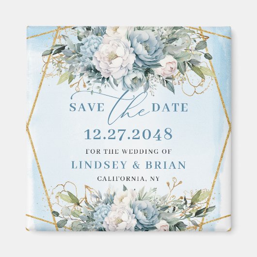 Luxe Stof Blauw Goud Glitters Bewaar de Datum Magn Magneet (Voorkant)