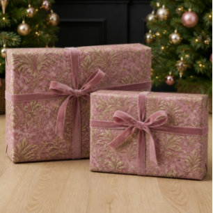 Luxe Stof Roze Fluwelen & Gouden Damast Kerst Cadeaupapier