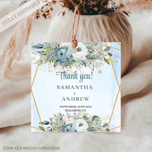 Luxe Stofblauw Bloemengoud Glitter Bruiloftlabel Bedankjes Labels