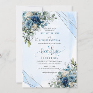 Luxe Stofblauw Zilveren Bloemige Trouwreceptie Kaart