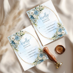 Luxe Stofblauwe Bloem Gouden Trouw RSVP Kaart