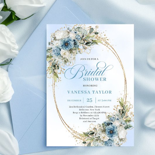 Luxe Stofblauwe Bloemen Bruiloft Feest Uitnodiging
