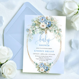 Luxe Stofblauwe Bloemen Eucalyptus Gouden Baby Kaart