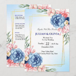 Luxe Stofblauwe en Blush Roze Huwelijkskaart Kaart