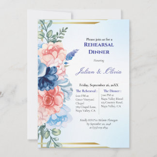 Luxe Stofblauwe en Blush Roze Oefenavondmaal  Kaart