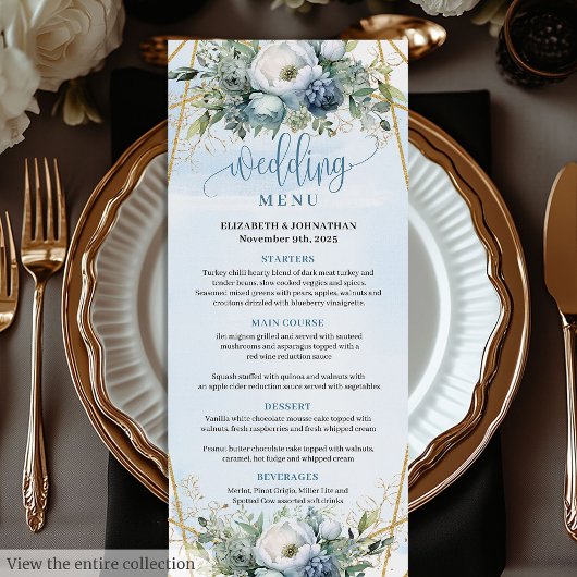 Luxe Stofblauwe Gouden Bloemen Bruiloft  Menu