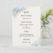 Luxe Stofblauwe Hortensia Bruiloft Menu (Staand voorkant)