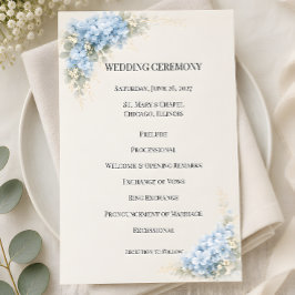 Luxe Stofblauwe Hortensia Bruiloft Programmakaart